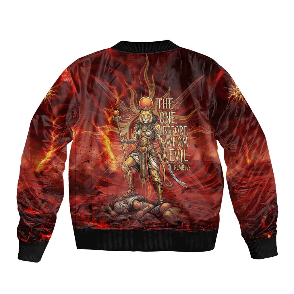 Sekhmet Sleeve Zip Bomber Jacket Egyptian Fiery Lioness Head and Ancient Warrior