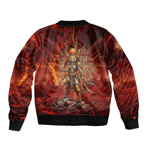 Sekhmet Sleeve Zip Bomber Jacket Egyptian Fiery Lioness Head and Ancient Warrior