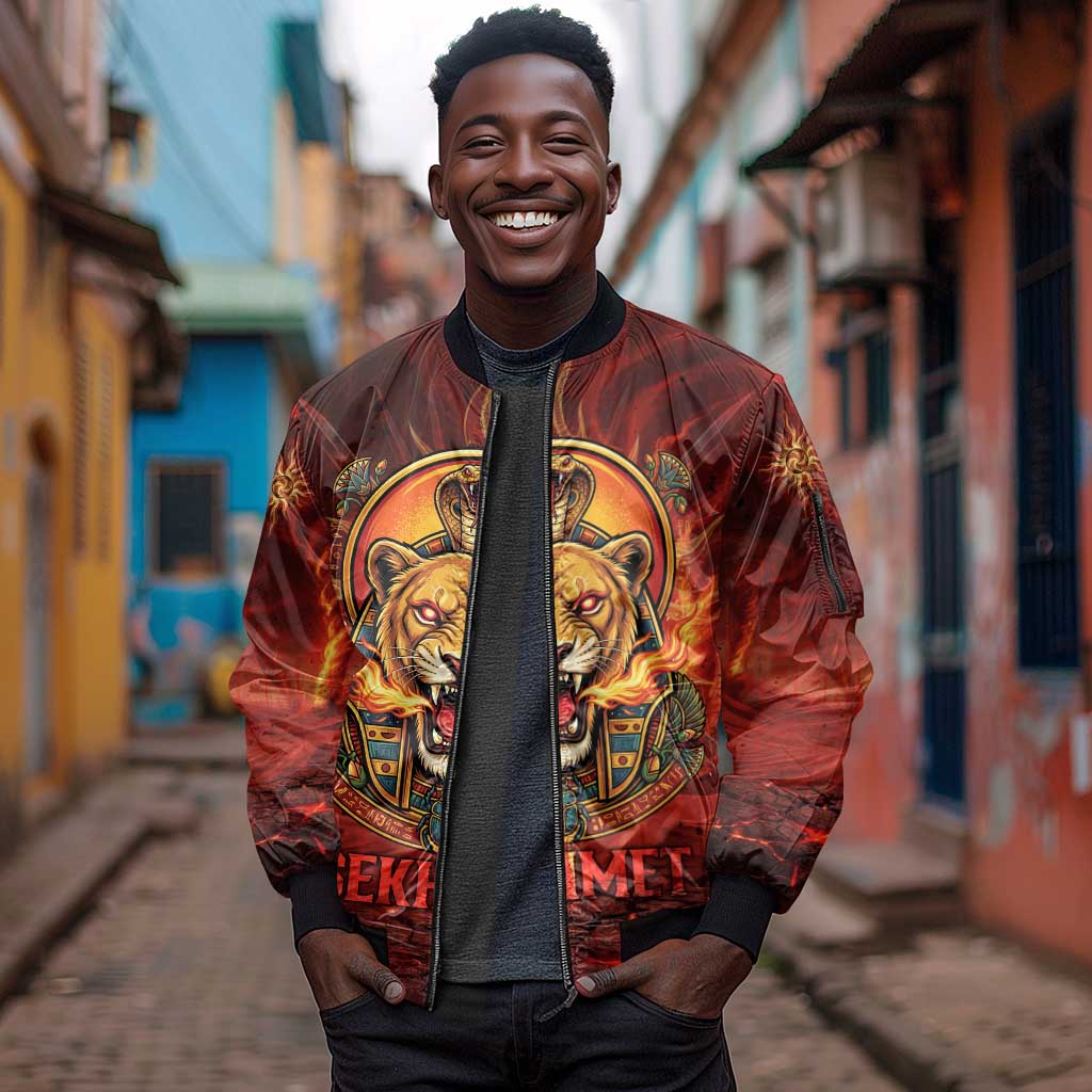 Sekhmet Sleeve Zip Bomber Jacket Egyptian Fiery Lioness Head and Ancient Warrior