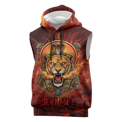 Sekhmet Sleeveless Hoodie Egyptian Fiery Lioness Head and Ancient Warrior