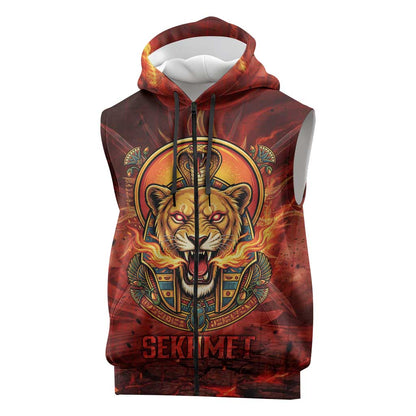 Sekhmet Sleeveless Zip Hoodie Egyptian Fiery Lioness Head and Ancient Warrior