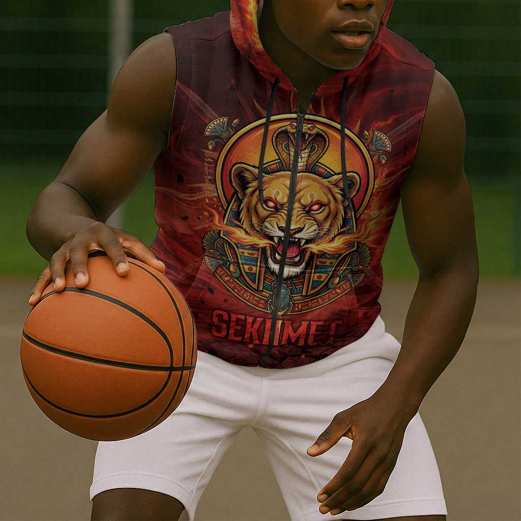 Sekhmet Sleeveless Zip Hoodie Egyptian Fiery Lioness Head and Ancient Warrior