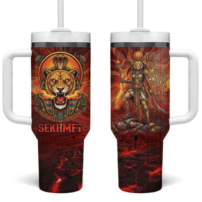 Sekhmet Tumbler With Handle Egyptian Fiery Lioness Head and Ancient Warrior