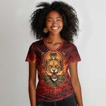 Sekhmet Women V-Neck T-Shirt Egyptian Fiery Lioness Head and Ancient Warrior