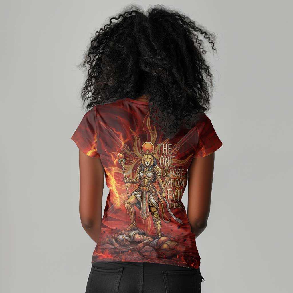 Sekhmet Women V-Neck T-Shirt Egyptian Fiery Lioness Head and Ancient Warrior