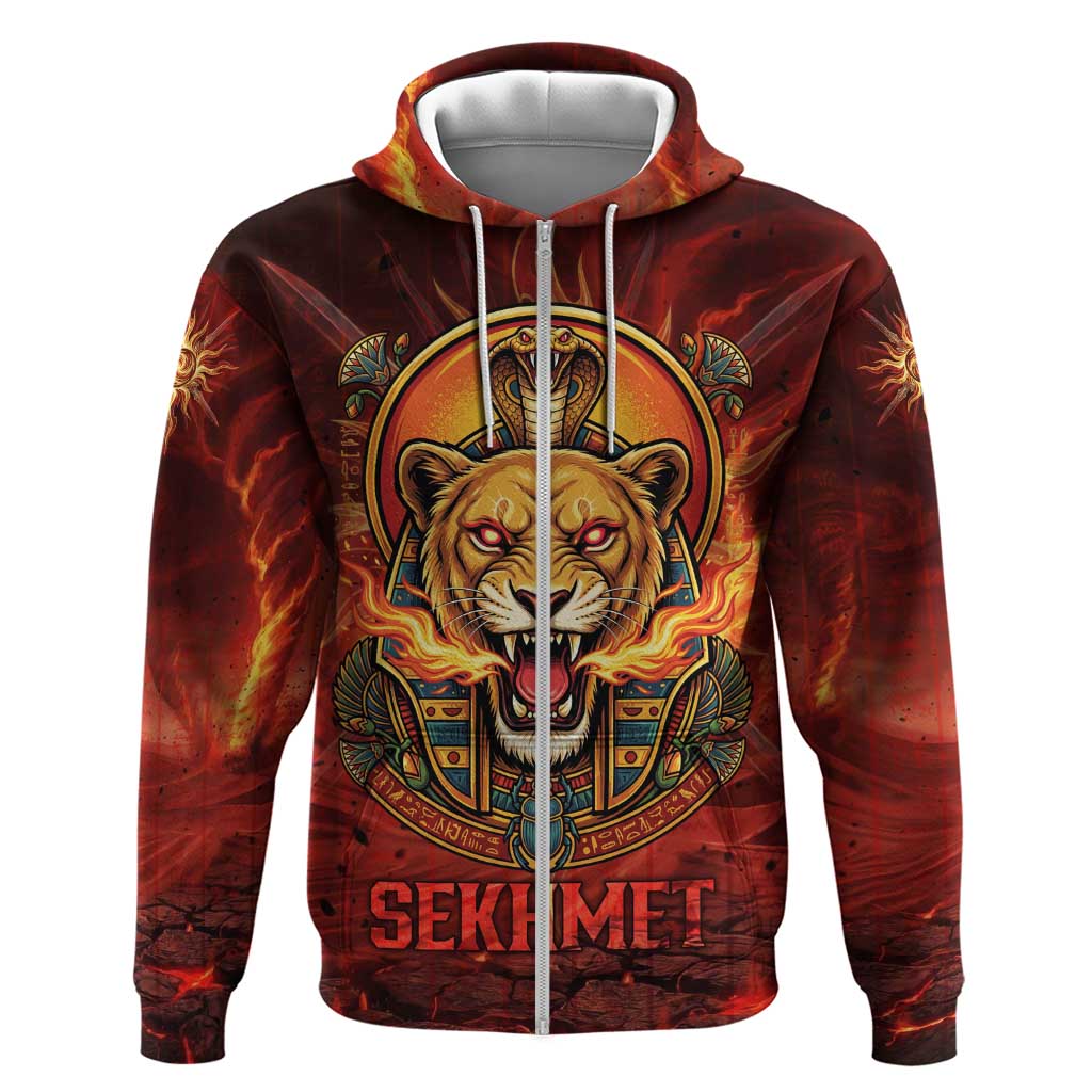 Sekhmet Zip Hoodie Egyptian Fiery Lioness Head and Ancient Warrior