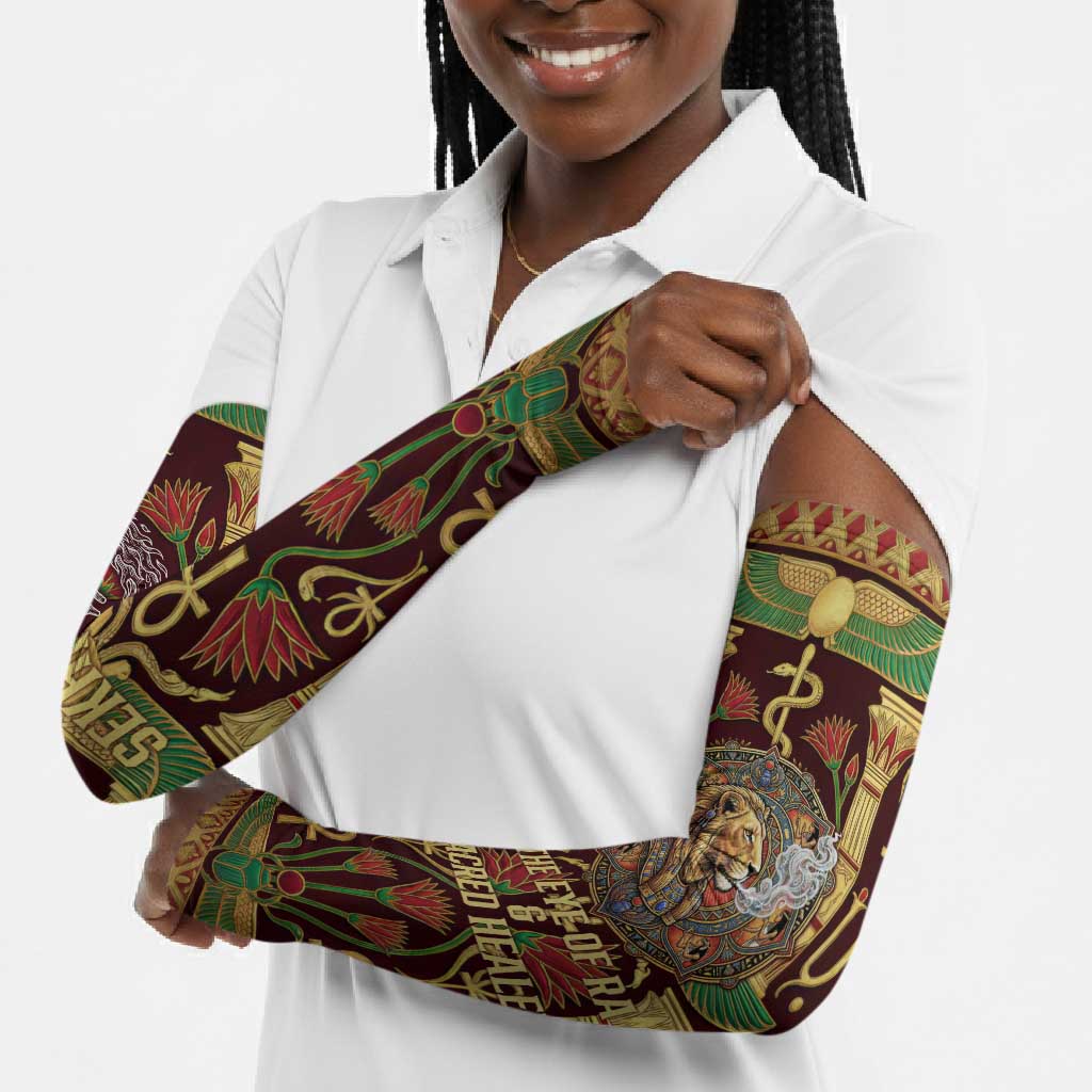 Sekhmet Arm Sleeves with Eye of Ra and Sacred Lion Symbol in Egyptian Healer