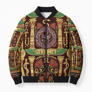 Sekhmet Bomber Puffer Jacket with Eye of Ra and Sacred Lion Symbol in Egyptian Healer