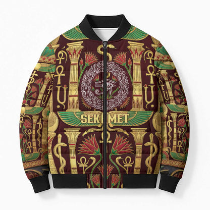 Sekhmet Bomber Puffer Jacket with Eye of Ra and Sacred Lion Symbol in Egyptian Healer