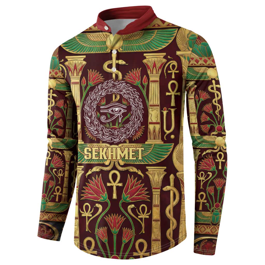 Sekhmet Button Sweatshirt with Eye of Ra and Sacred Lion Symbol in Egyptian Healer