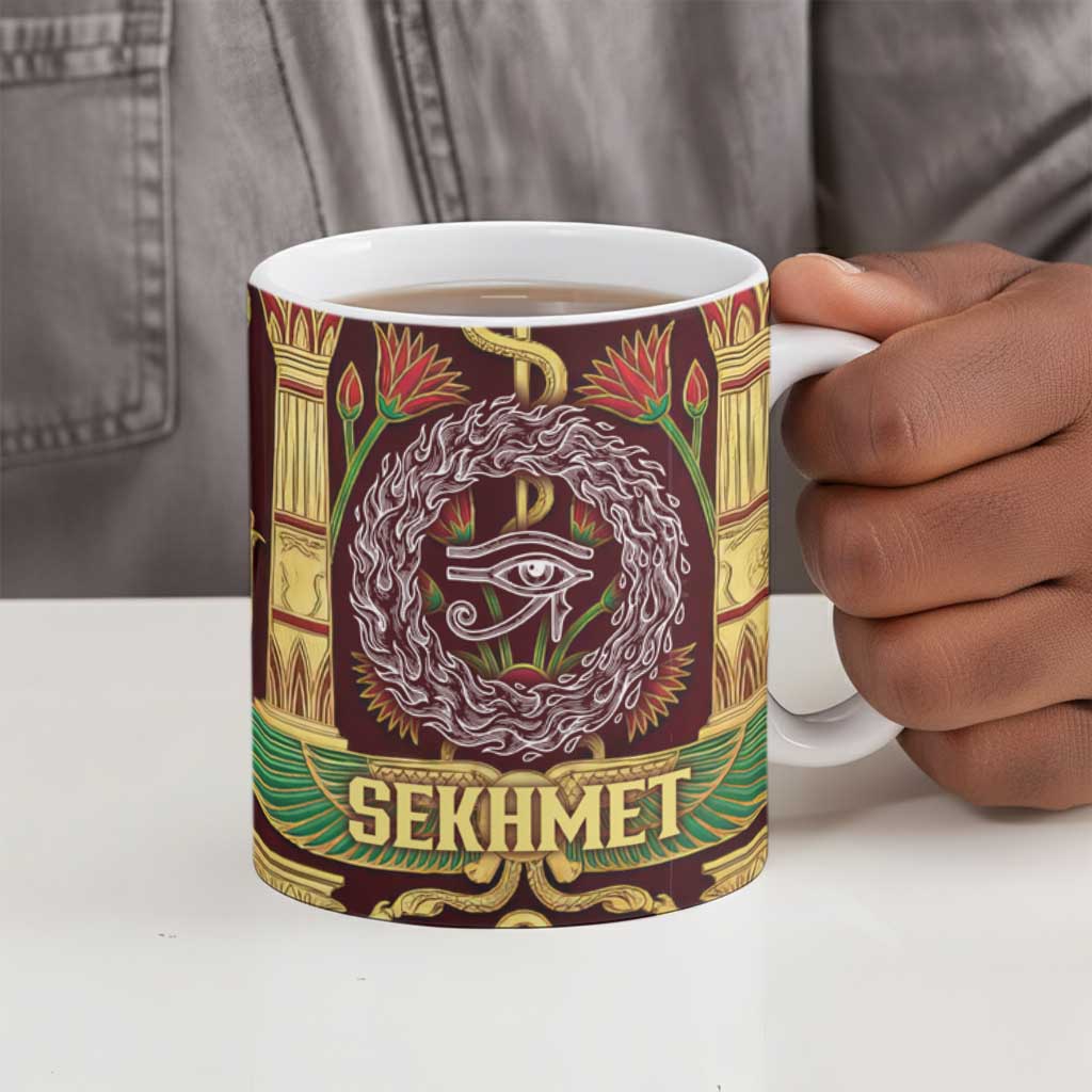 Sekhmet Ceramic Mug with Eye of Ra and Sacred Lion Symbol in Egyptian Healer