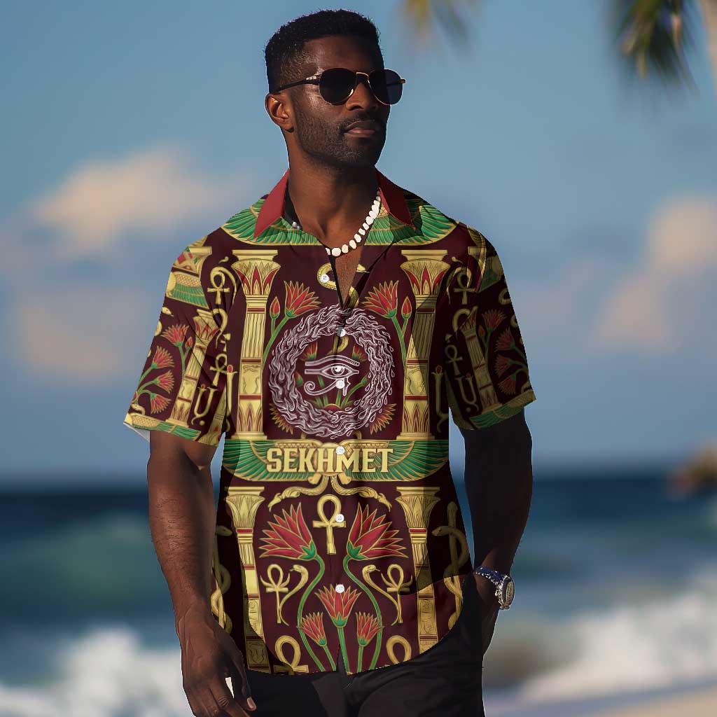 Sekhmet Hawaiian Shirt with Eye of Ra and Sacred Lion Symbol in Egyptian Healer
