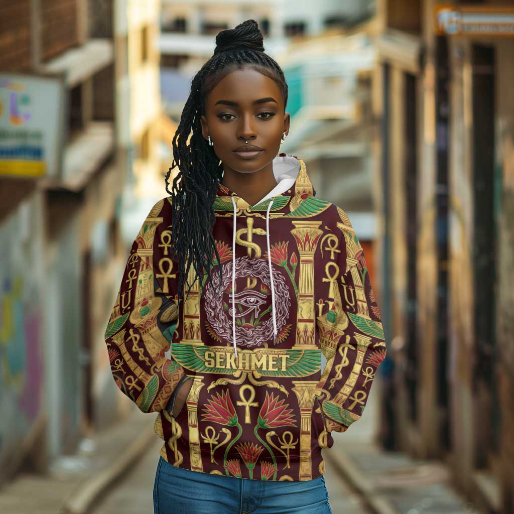 Sekhmet Hoodie with Eye of Ra and Sacred Lion Symbol in Egyptian Healer