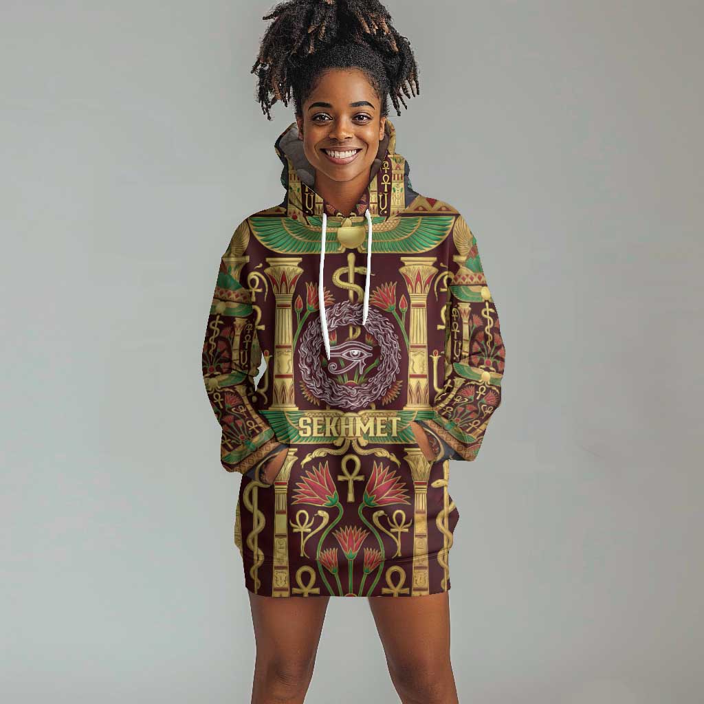 Sekhmet Hoodie Dress with Eye of Ra and Sacred Lion Symbol in Egyptian Healer