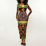Sekhmet Long Sleeve Bodycon Dress with Eye of Ra and Sacred Lion Symbol in Egyptian Healer
