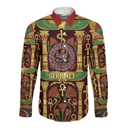 Sekhmet Long Sleeve Button Shirt with Eye of Ra and Sacred Lion Symbol in Egyptian Healer