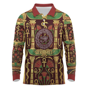 Sekhmet Long Sleeve Polo Shirt with Eye of Ra and Sacred Lion Symbol in Egyptian Healer
