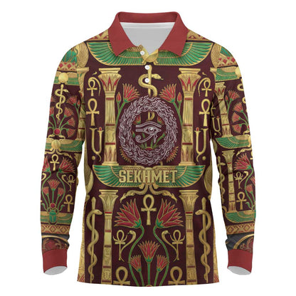 Sekhmet Long Sleeve Polo Shirt with Eye of Ra and Sacred Lion Symbol in Egyptian Healer