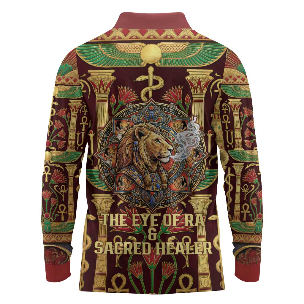 Sekhmet Long Sleeve Polo Shirt with Eye of Ra and Sacred Lion Symbol in Egyptian Healer