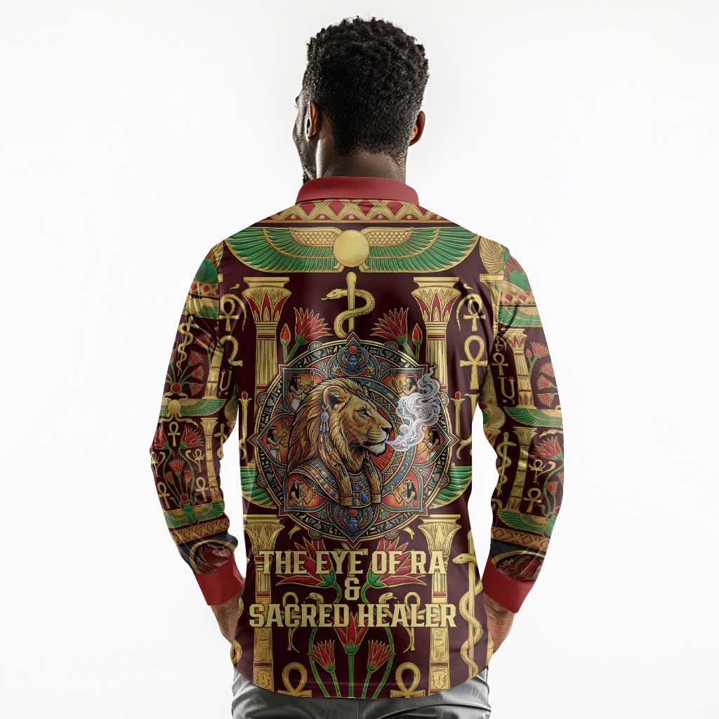 Sekhmet Long Sleeve Polo Shirt with Eye of Ra and Sacred Lion Symbol in Egyptian Healer