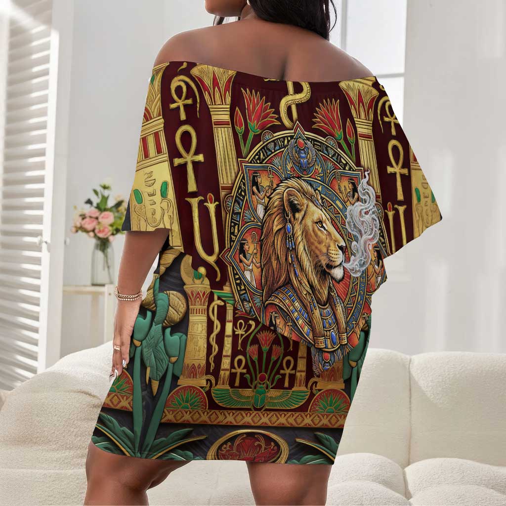 Sekhmet Off Shoulder Short Dress with Eye of Ra and Sacred Lion Symbol in Egyptian Healer