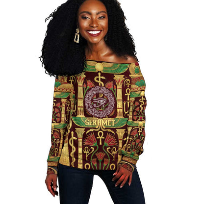 Sekhmet Off Shoulder Sweater with Eye of Ra and Sacred Lion Symbol in Egyptian Healer