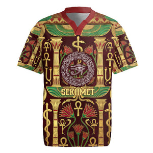 Sekhmet Rugby Jersey with Eye of Ra and Sacred Lion Symbol in Egyptian Healer