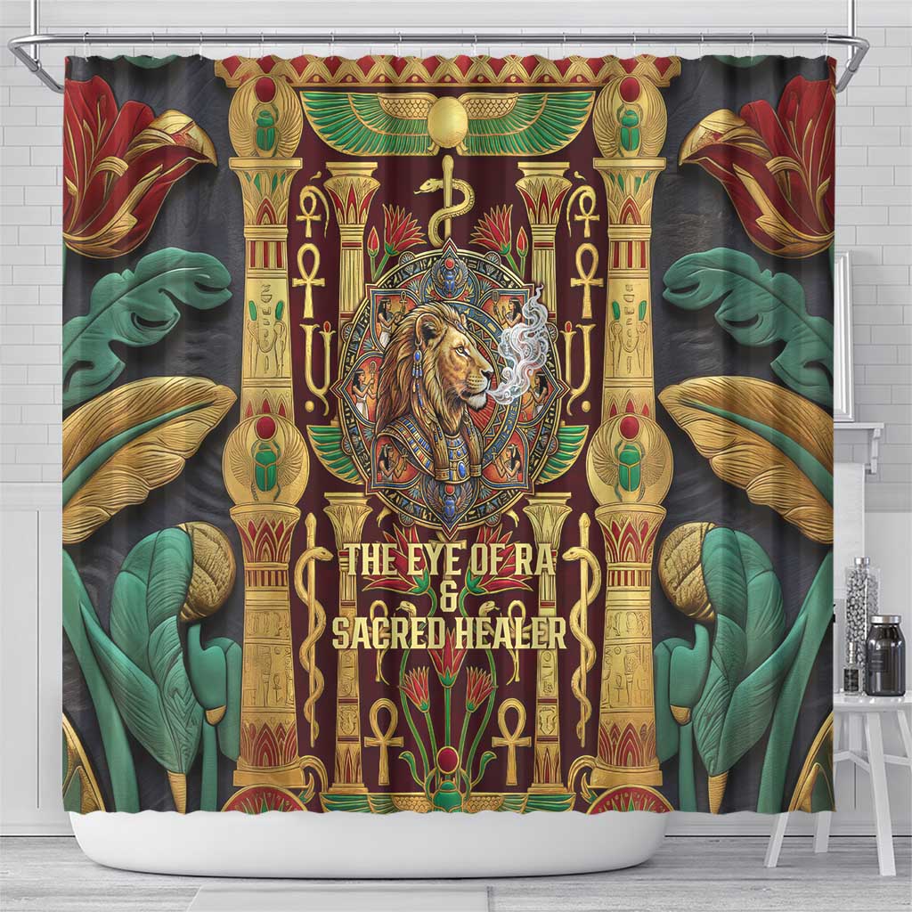 Sekhmet Shower Curtain with Eye of Ra and Sacred Lion Symbol in Egyptian Healer