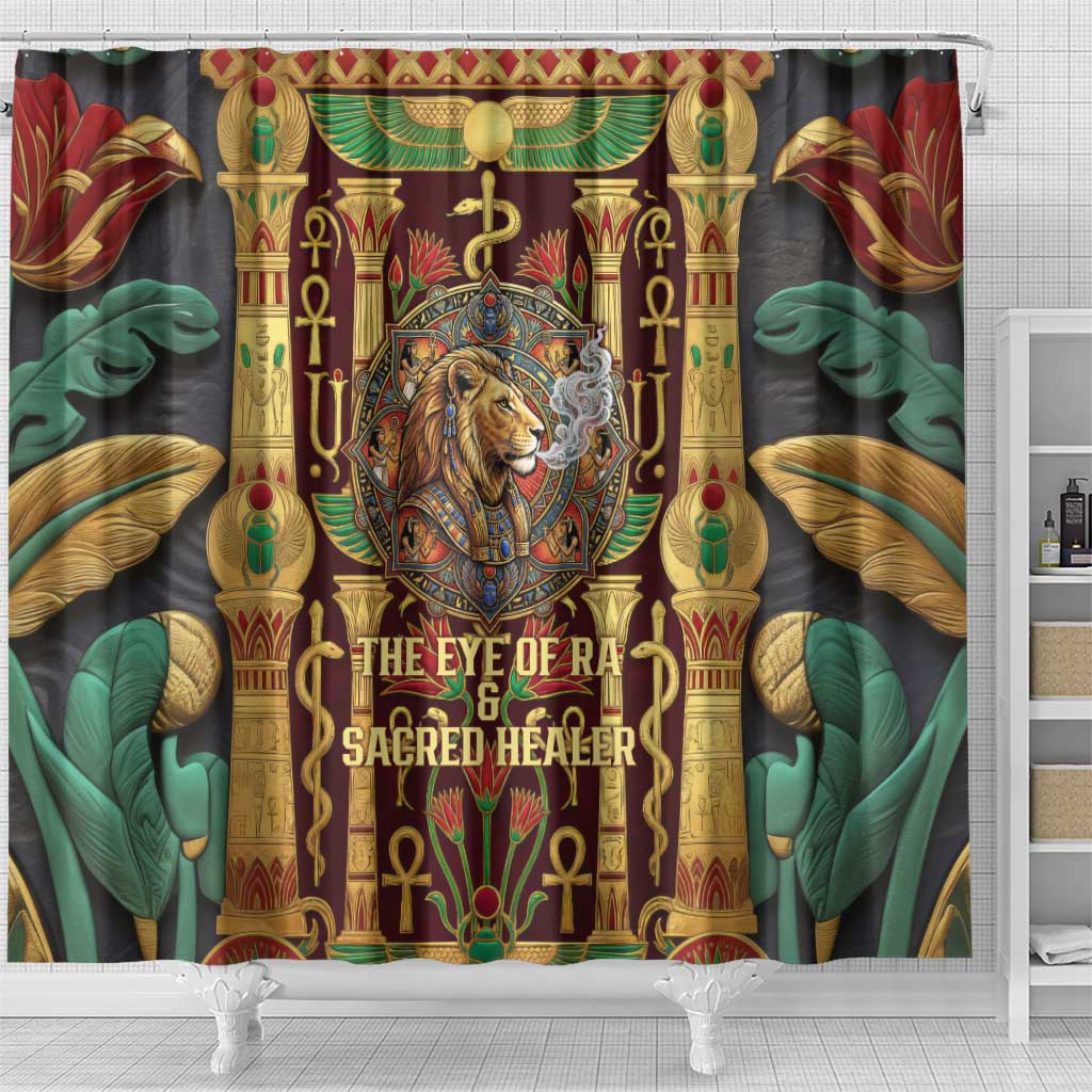 Sekhmet Shower Curtain with Eye of Ra and Sacred Lion Symbol in Egyptian Healer