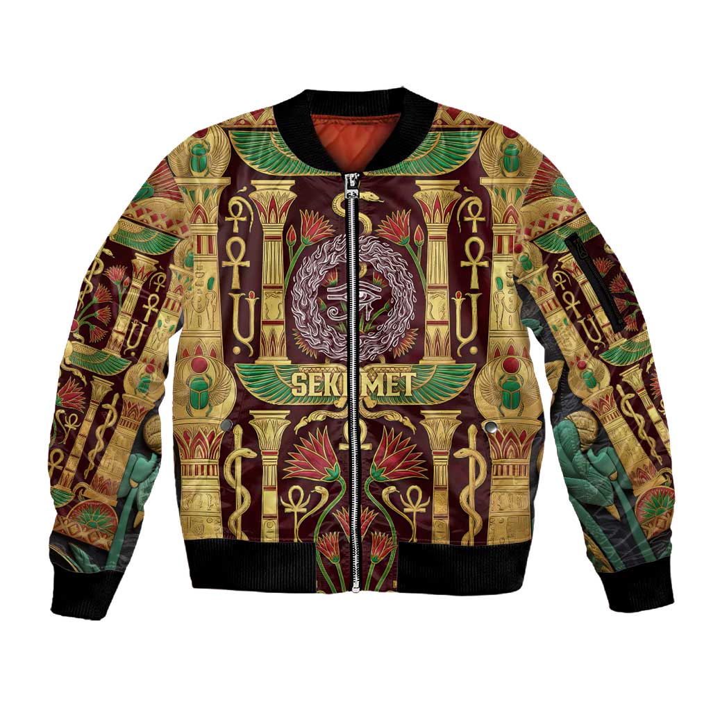 Sekhmet Sleeve Zip Bomber Jacket with Eye of Ra and Sacred Lion Symbol in Egyptian Healer