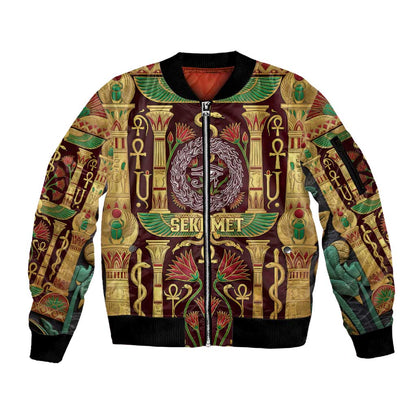 Sekhmet Sleeve Zip Bomber Jacket with Eye of Ra and Sacred Lion Symbol in Egyptian Healer