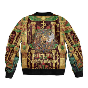 Sekhmet Sleeve Zip Bomber Jacket with Eye of Ra and Sacred Lion Symbol in Egyptian Healer