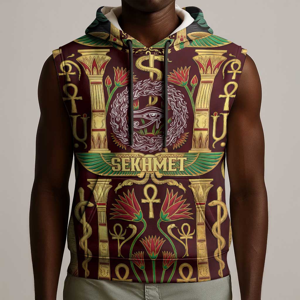 Sekhmet Sleeveless Hoodie with Eye of Ra and Sacred Lion Symbol in Egyptian Healer