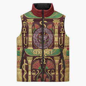 Sekhmet Sleeveless Puffer Jacket with Eye of Ra and Sacred Lion Symbol in Egyptian Healer