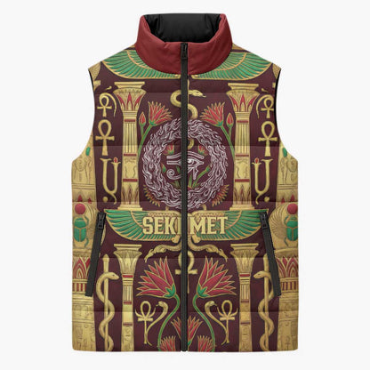 Sekhmet Sleeveless Puffer Jacket with Eye of Ra and Sacred Lion Symbol in Egyptian Healer