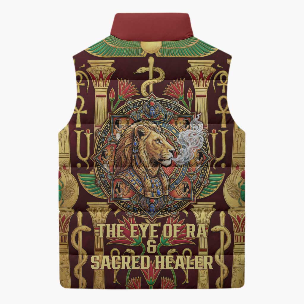 Sekhmet Sleeveless Puffer Jacket with Eye of Ra and Sacred Lion Symbol in Egyptian Healer