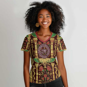Sekhmet Women V-Neck T-Shirt with Eye of Ra and Sacred Lion Symbol in Egyptian Healer