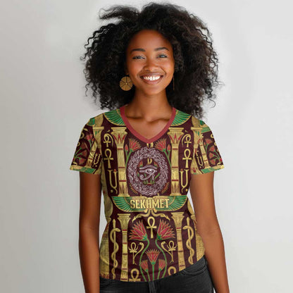 Sekhmet Women V-Neck T-Shirt with Eye of Ra and Sacred Lion Symbol in Egyptian Healer