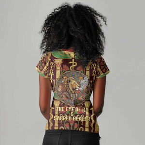Sekhmet Women V-Neck T-Shirt with Eye of Ra and Sacred Lion Symbol in Egyptian Healer