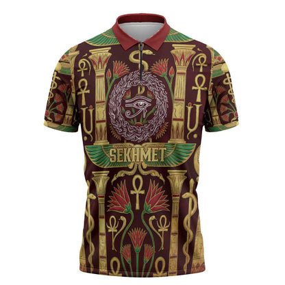 Sekhmet Zipper Polo Shirt with Eye of Ra and Sacred Lion Symbol in Egyptian Healer