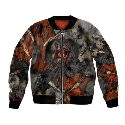 Menhit Egyptian Bomber Jacket Warrior Goddess Fiery Lion Eye Arrows and Blood Battle