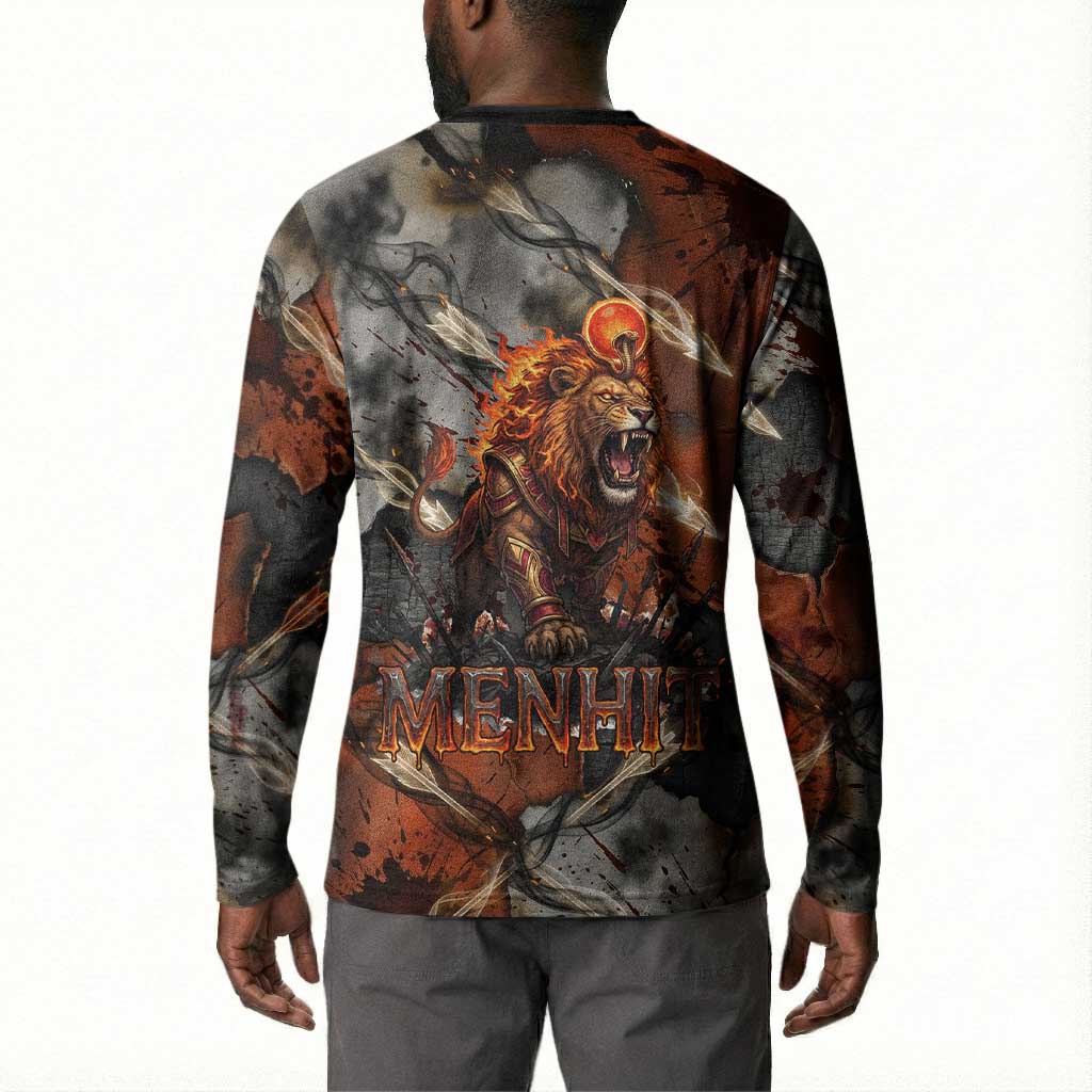 Menhit Egyptian Button Sweatshirt Warrior Goddess Fiery Lion Eye Arrows and Blood Battle