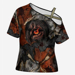 Menhit Egyptian Cross Shoulder Shirt Warrior Goddess Fiery Lion Eye Arrows and Blood Battle