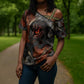 Menhit Egyptian Cross Shoulder Shirt Warrior Goddess Fiery Lion Eye Arrows and Blood Battle