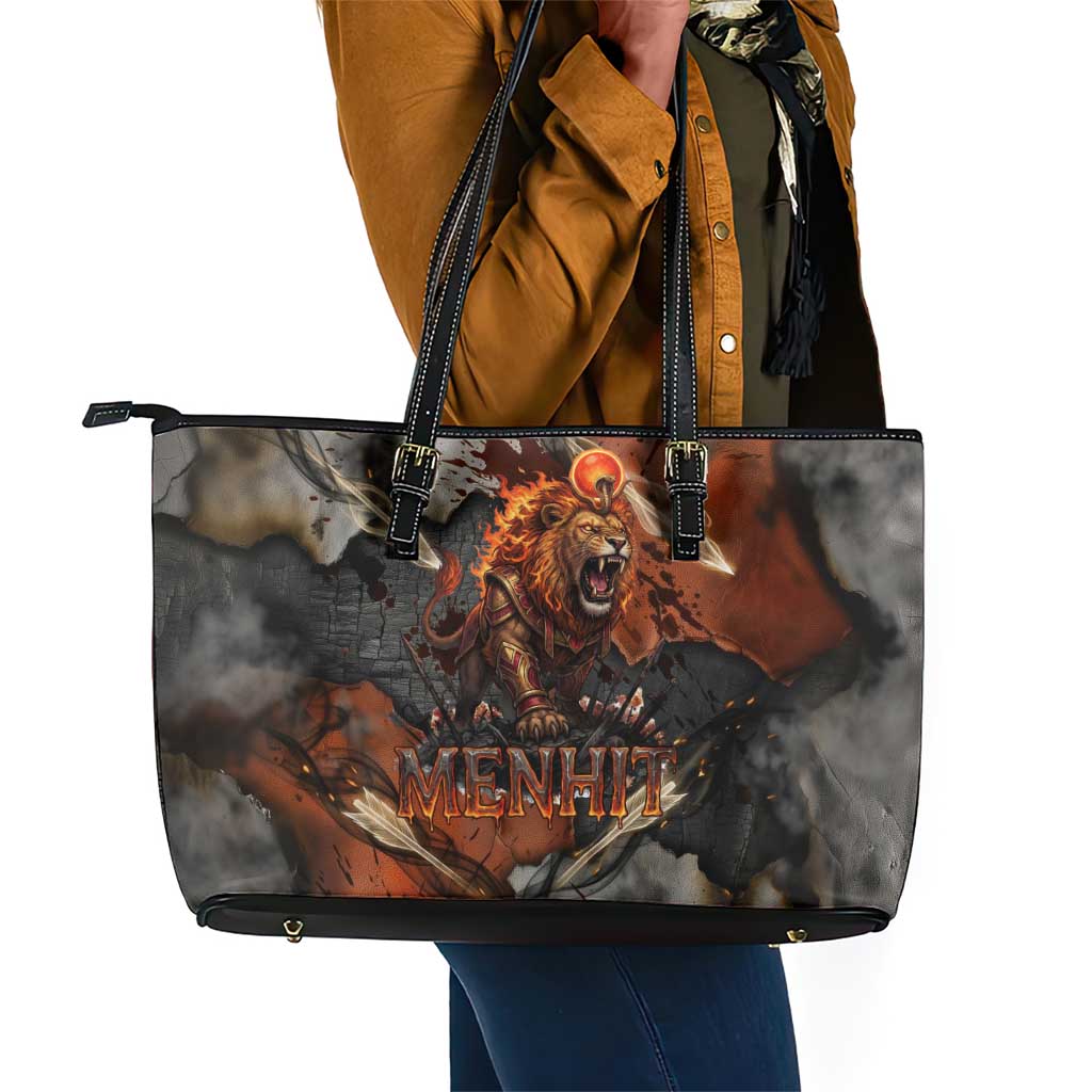 Menhit Egyptian Leather Tote Bag Warrior Goddess Fiery Lion Eye Arrows and Blood Battle