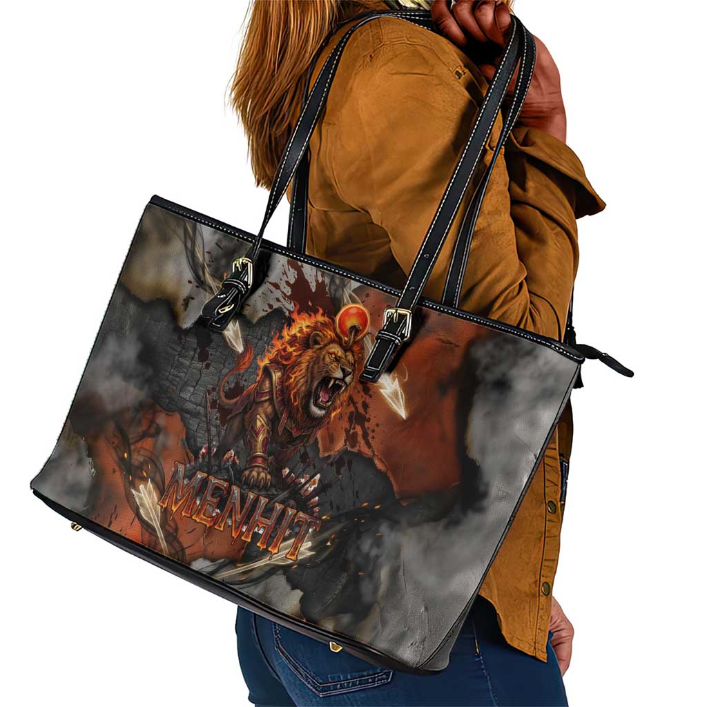 Menhit Egyptian Leather Tote Bag Warrior Goddess Fiery Lion Eye Arrows and Blood Battle