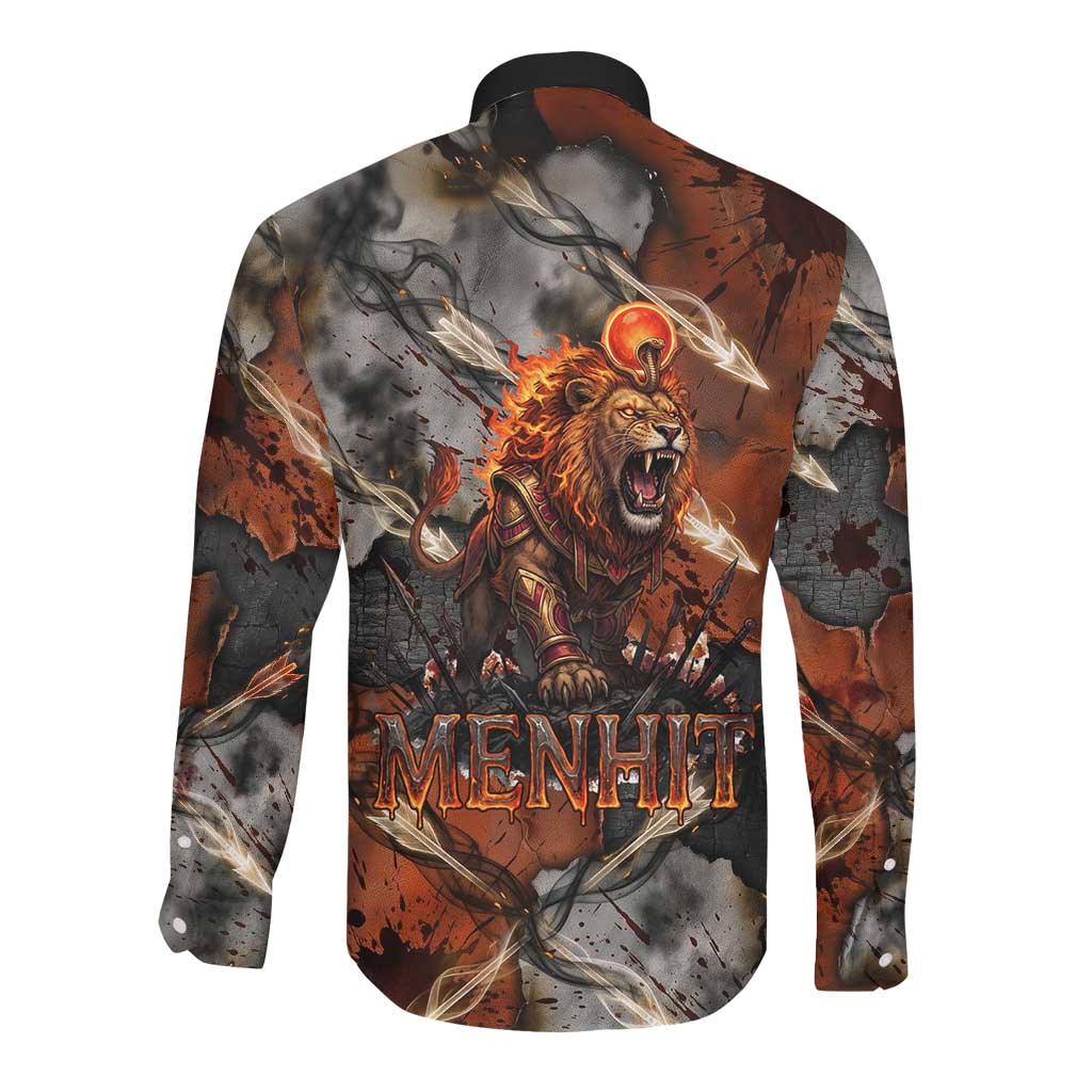 Menhit Egyptian Long Sleeve Button Shirt Warrior Goddess Fiery Lion Eye Arrows and Blood Battle