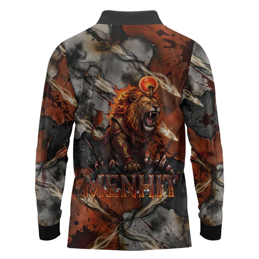Menhit Egyptian Long Sleeve Polo Shirt Warrior Goddess Fiery Lion Eye Arrows and Blood Battle
