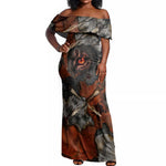 Menhit Egyptian Off Shoulder Maxi Dress Warrior Goddess Fiery Lion Eye Arrows and Blood Battle