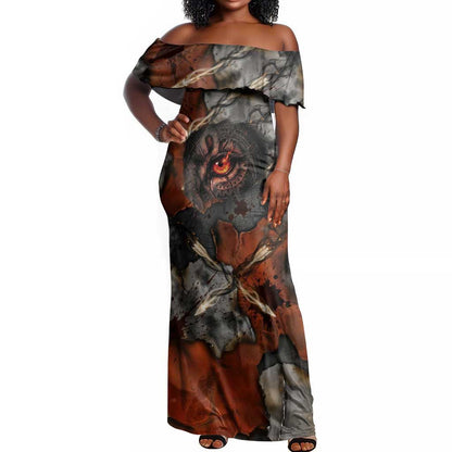 Menhit Egyptian Off Shoulder Maxi Dress Warrior Goddess Fiery Lion Eye Arrows and Blood Battle